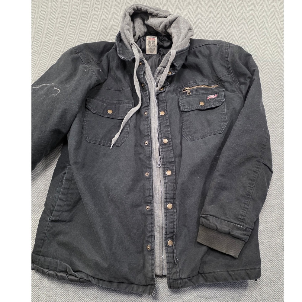 Genuine Dickies Mens XL Black Hooded Canvas Work Jacket Quilted Lined Distressed